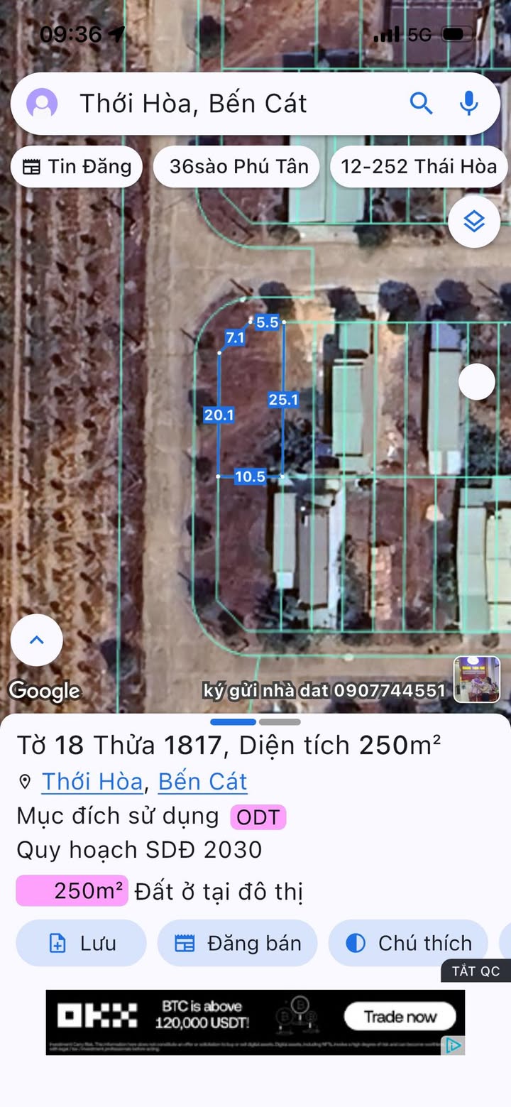 Đất thổ cư lô góc 2 mặt tiền Thới Hòa Bến Cát 250m² giá 4 tỷ - Cơ hội đầu tư tuyệt vời!
