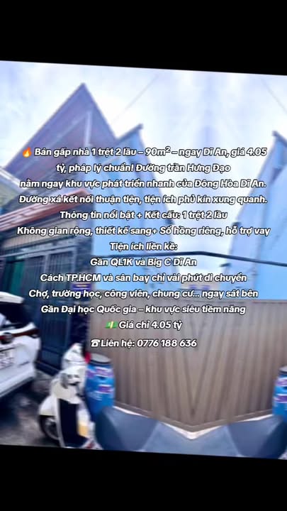 Nhà 1 trệt 2 lầu tại Dĩ An 90m² giá 4.05 tỷ - Sổ hồng chính chủ, pháp lý rõ ràng!