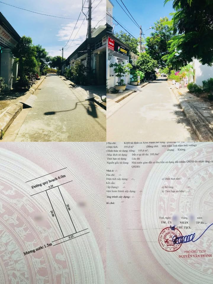 Đất KQH Xóm Hành, Huế 105m² giá 2.3 tỷ - Sổ hồng chính chủ, vị trí cao ráo!