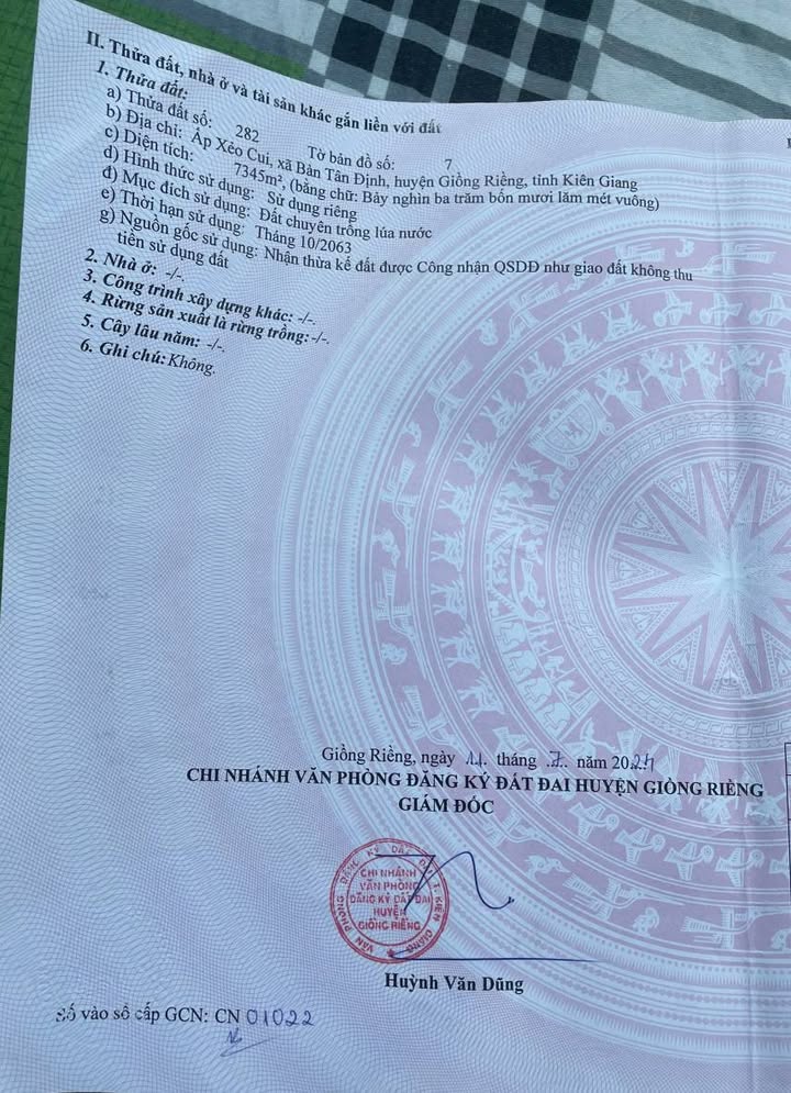 Đất Ruộng 7345m² tại ấp Xẻo Cui, Giồng Riềng - Giá chỉ 1.102 tỷ!