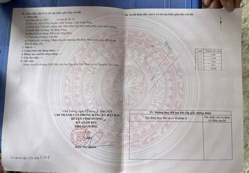 Đất phân lô chính chủ Vĩnh Tường 178m² giá chỉ 6.4 tỷ - Mặt tiền 8.6m