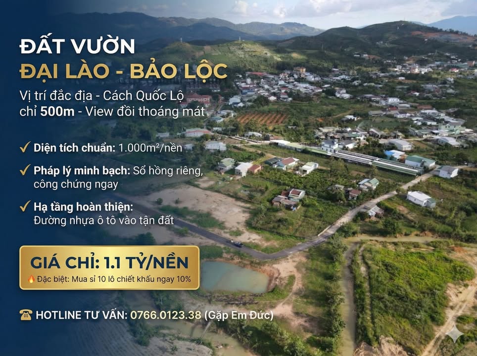 Đất nền Đại Lào Bảo Lộc 1000m² giá 1.1 tỷ - Sổ đỏ chính chủ!