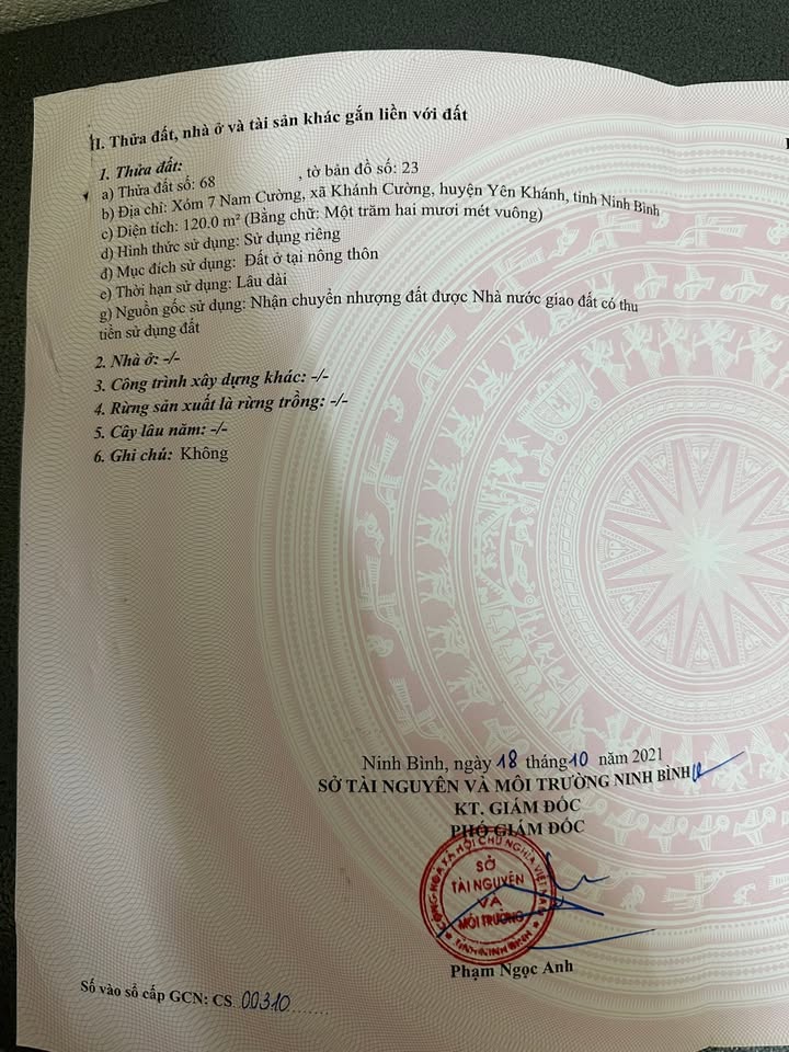 Đất thổ cư 120m² tại xóm 7 Khánh Cường, Yên Khánh - Sổ đỏ chính chủ, giá thỏa thuận!