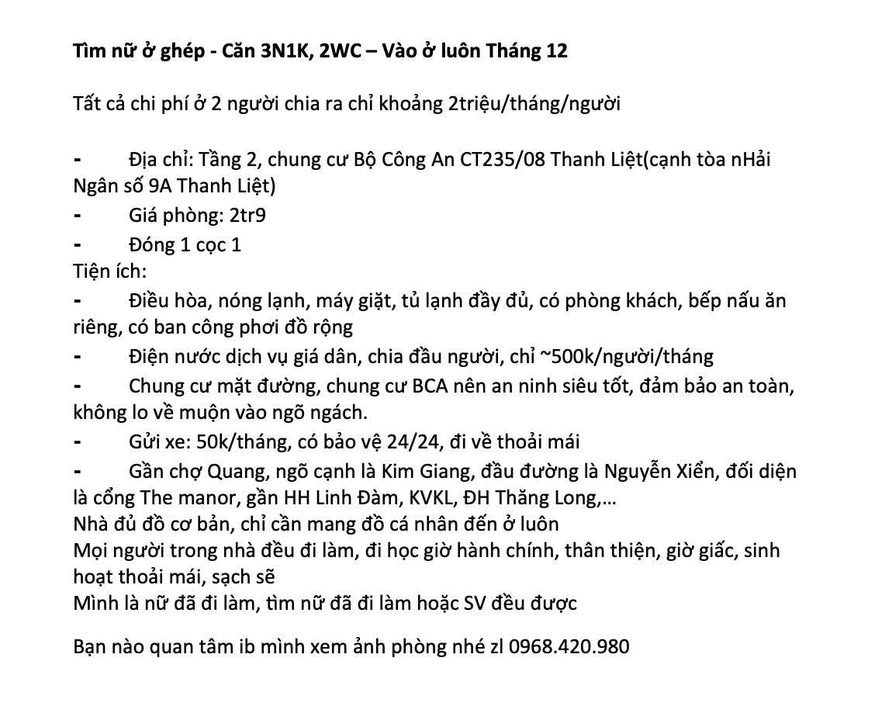 Phòng trọ tại CT235 Thanh Liệt 2 triệu - An ninh tốt, đầy đủ tiện nghi!