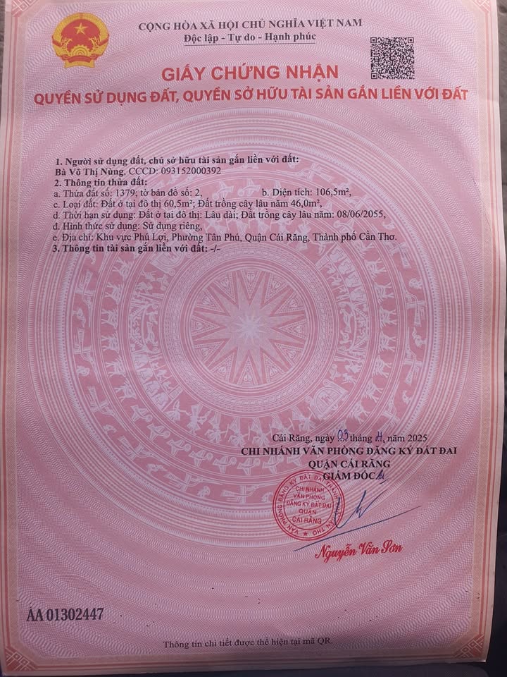 Đất nền Tân Phú - Cái Răng 106.15m² giá 1.6 tỷ - Pháp lý sổ hồng chính chủ!