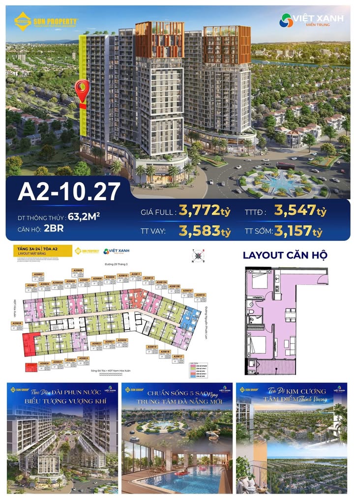 Căn hộ 2PN Sun Cora Tower Đà Nẵng 63m² giá chỉ 3.157 tỷ - Không gian sống 5 sao!