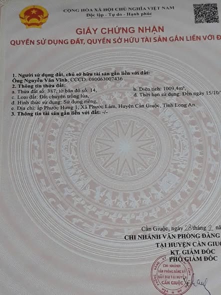 Đất Lúa 1000m² Phước Lâm, Cần Giuộc giá 1.2 tỷ - Sổ hồng riêng, bao sang tên!