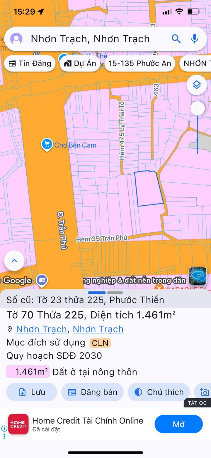 Đất nền xã Phước Thiền, Nhơn Trạch 1461m² - Phù hợp xây dựng nhà trọ!