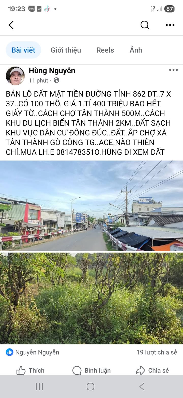 Đất nền mặt tiền đường Tỉnh 862, Gò Công Đông 259m² giá 1.4 tỷ - Đầu tư sinh lời hấp dẫn!