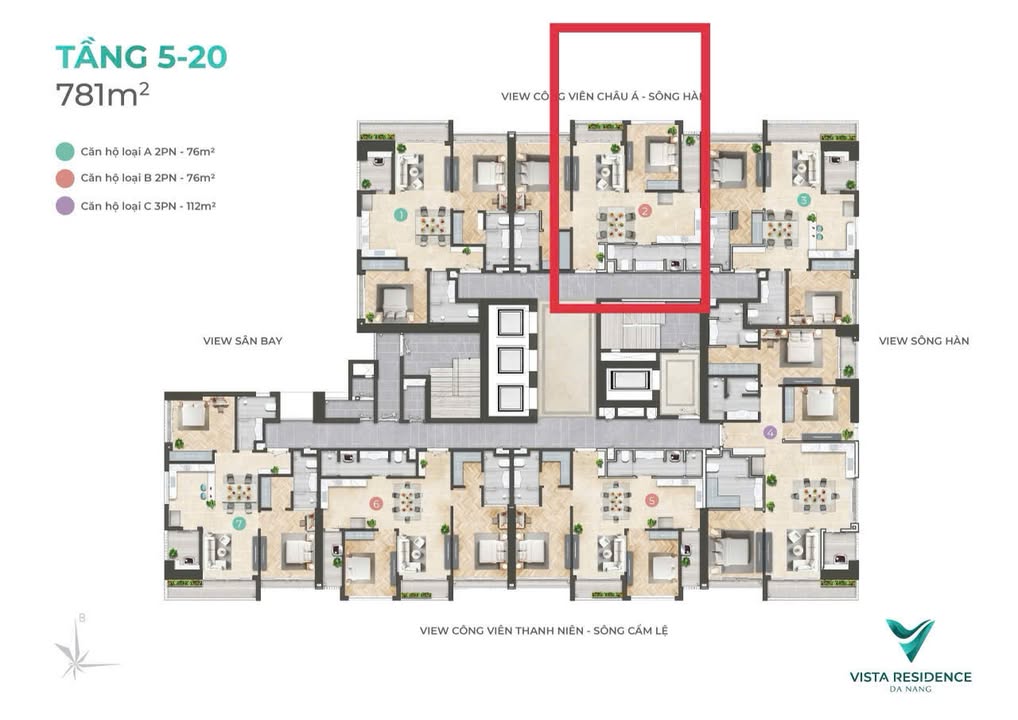 Căn hộ 2PN tại Chung cư Vista Residence, Hải Châu, Đà Nẵng - 76m² giá 4.9 tỷ - View sông Hàn tuyệt đẹp!