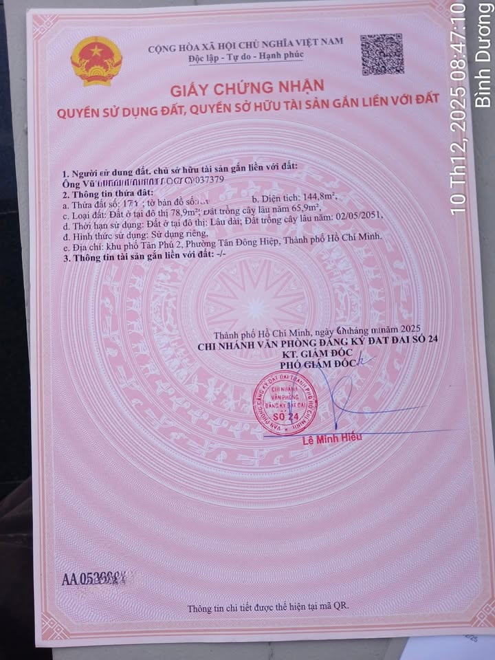 Đất nền 145m² tại Tân Phú, Dĩ An - Cách đường Mỹ Phước Tân Vạn 100m, giá thỏa thuận!