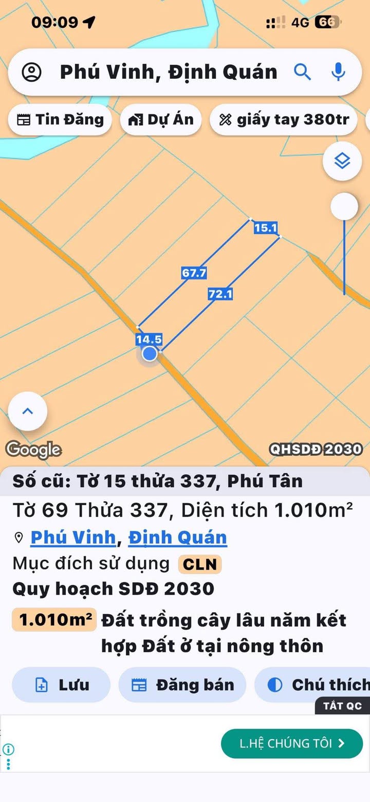 Đất nền 1 sào mặt tiền 2 đường - Giá 390 triệu tại Phú Tân, Định Quán!