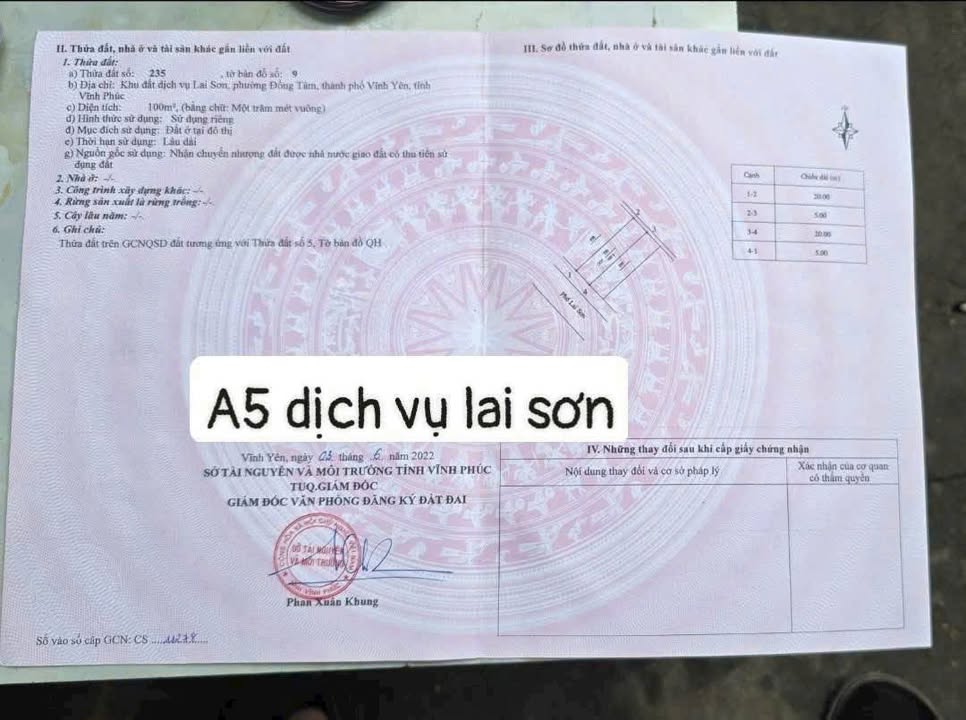 Đất dịch vụ Lai Sơn - Đồng Tâm, Vĩnh Yên 100m² giá 2 tỷ - Sổ hồng chính chủ!