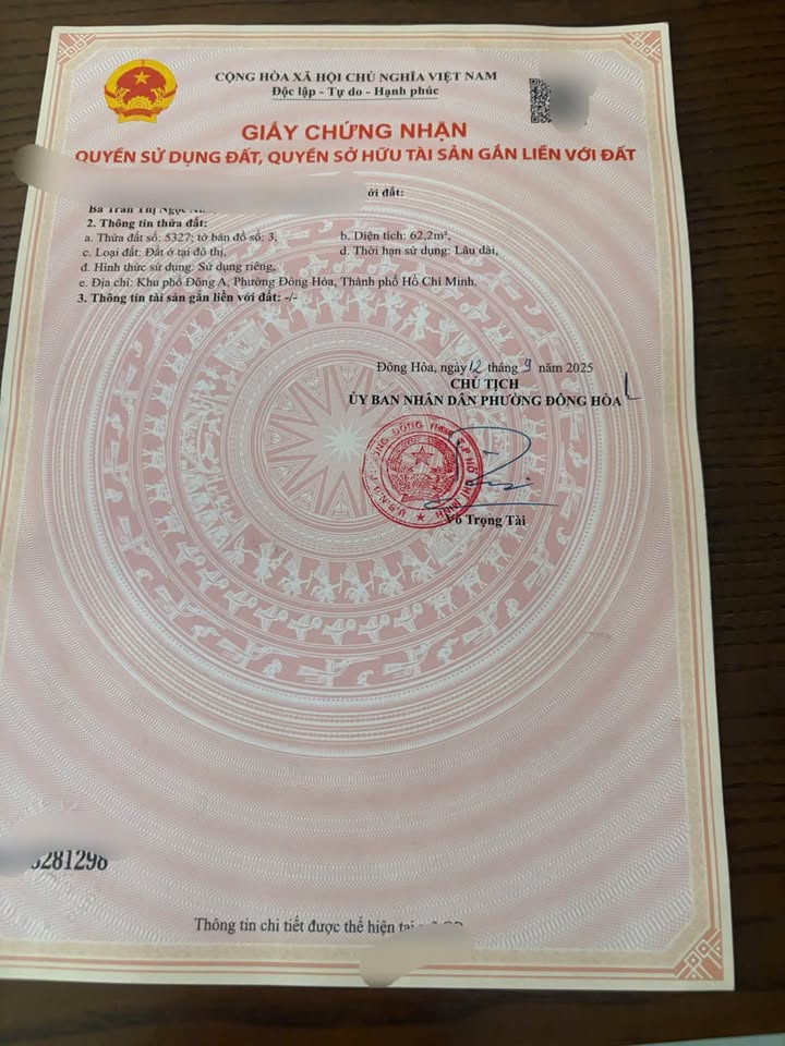 Lô đất Đông Hòa Dĩ An 62.2m² giá 6.1 tỷ - Sổ hồng riêng chính chủ!