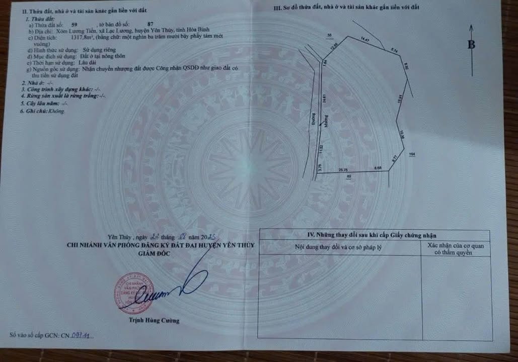 Đất thổ cư 1317m² tại Lạc Lương, Yên Thủy - Giá chỉ 1 tỷ!