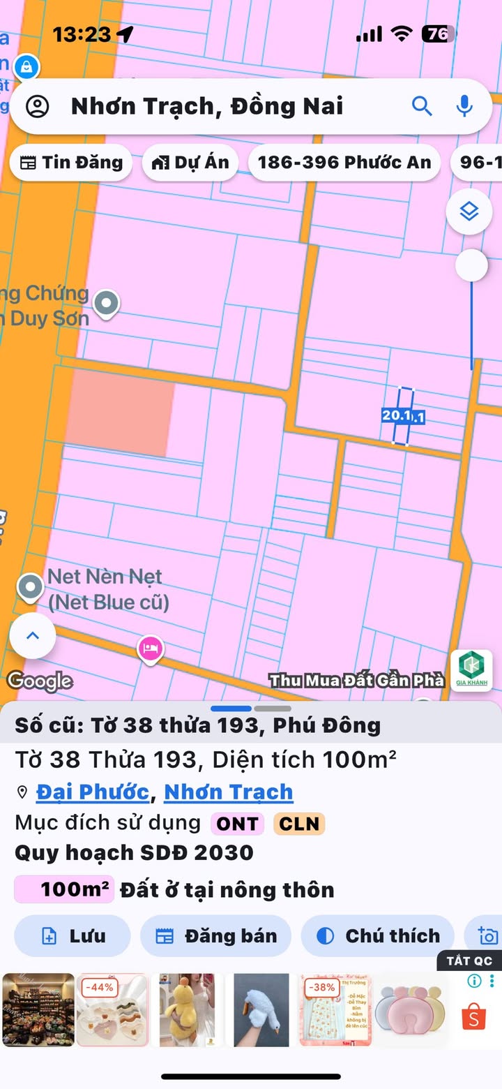 Đất thổ cư 100m² xã Đại Phước Nhơn Trạch - Giá chỉ 1.55 tỷ VND