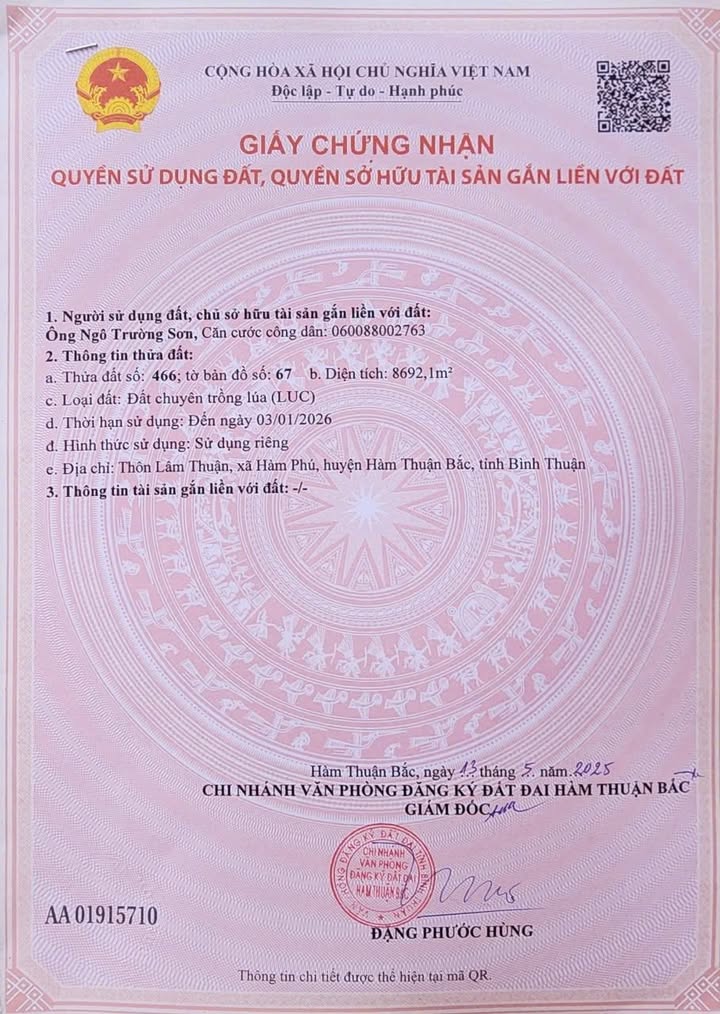 Đất lúa 8.692,1m² tại Hàm Phú giá chỉ 557 triệu - Đầu tư sinh lời ngay!