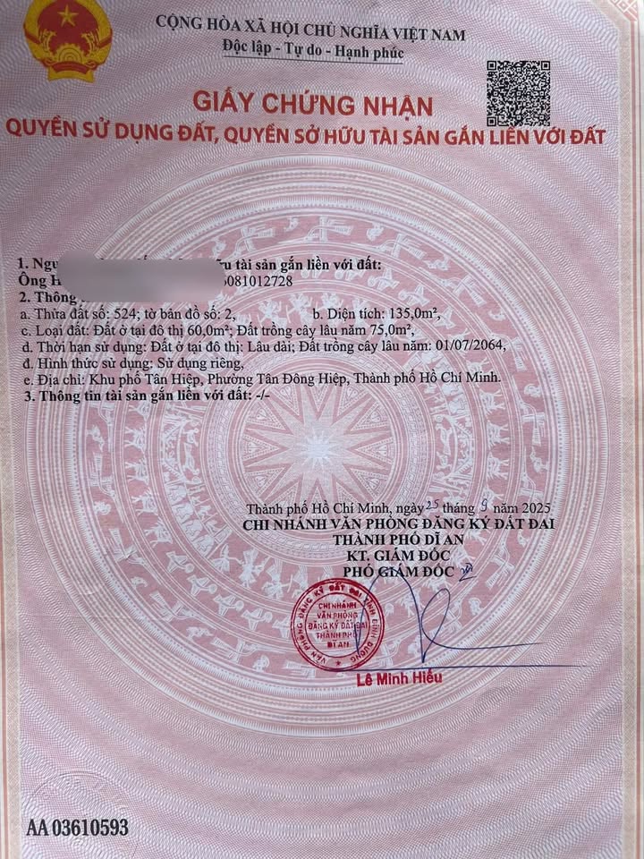 Đất mặt tiền đường nhựa Tân Đông Hiệp 135m² giá 3.55 tỷ - Cơ hội đầu tư hấp dẫn!