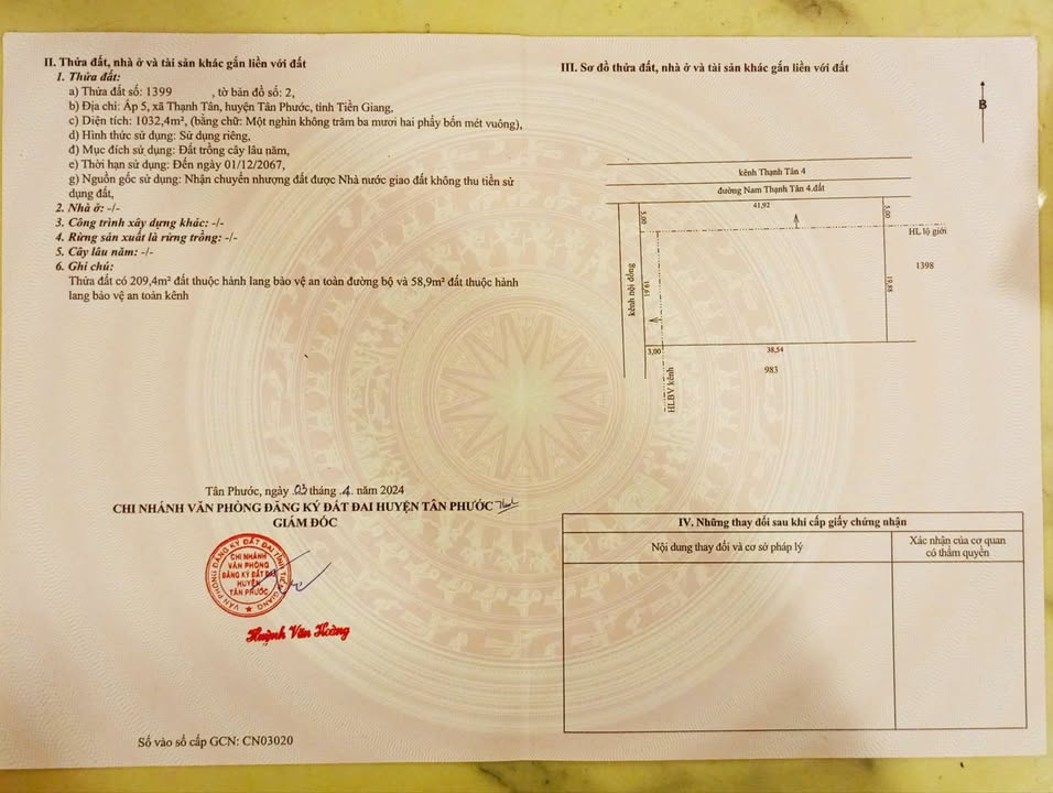 Đất nền 1.032m² Thanh Tân, Tân Phước giá 680 triệu - Cơ hội đầu tư lý tưởng!