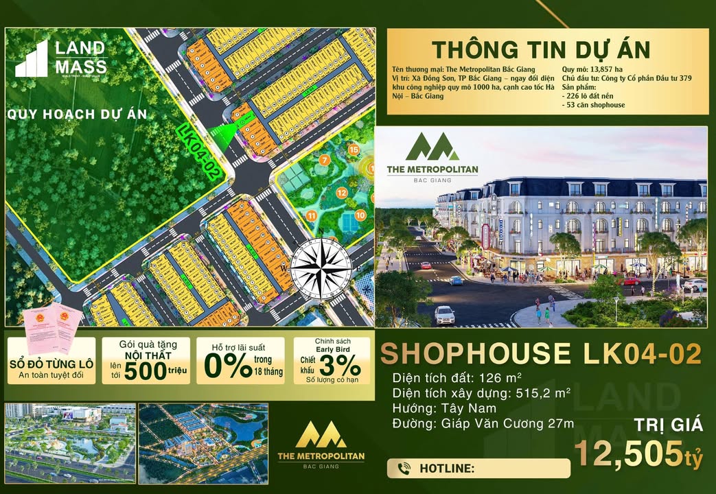 Shophouse The Metropolitan Bắc Giang 126m² giá 12.5 tỷ - Mặt tiền kinh doanh lý tưởng!