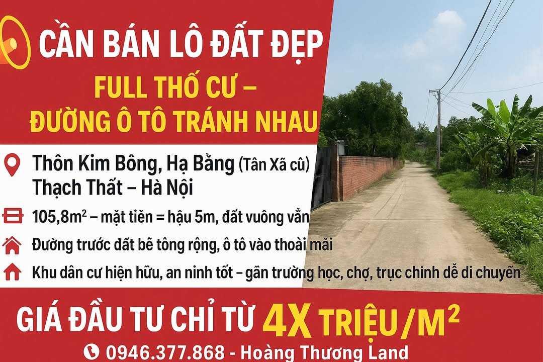 Đất thổ cư 105,8m² tại Tân Xã - Thạch Thất, chỉ từ 4X triệu/m²!