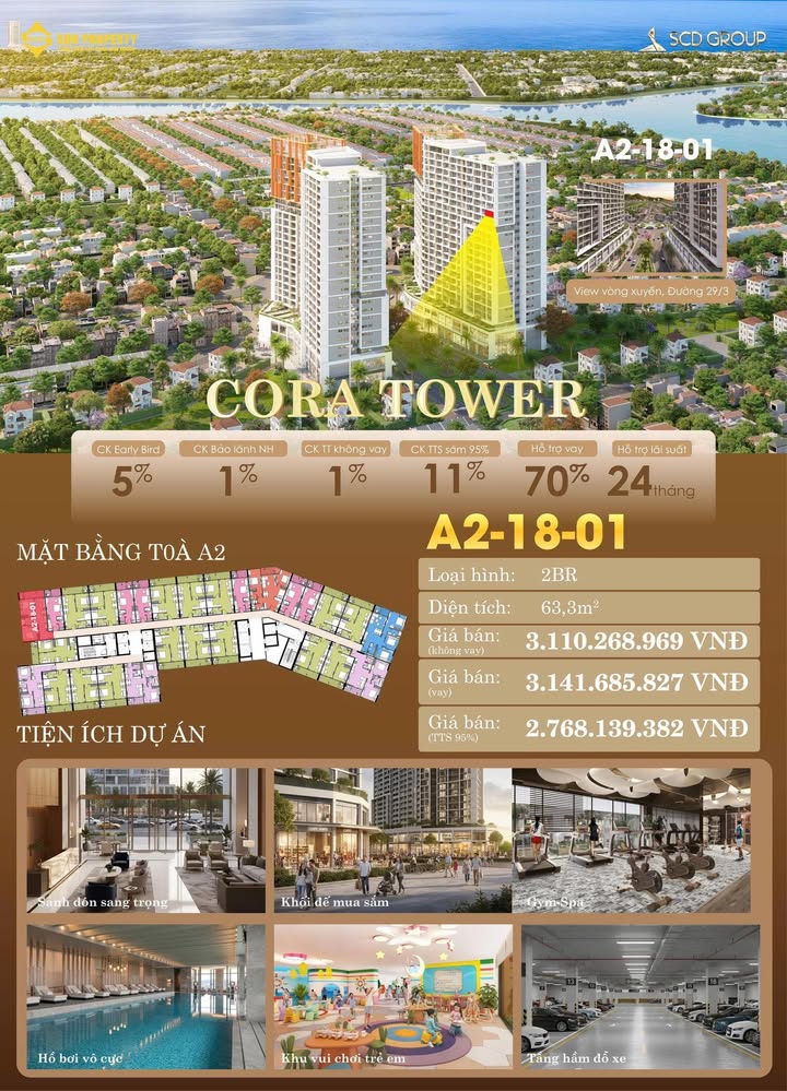 Căn hộ Sun Cora Tower Đà Nẵng 63.3m² giá chỉ 2.7 tỷ - Tầng cao view đẹp thoáng mát!