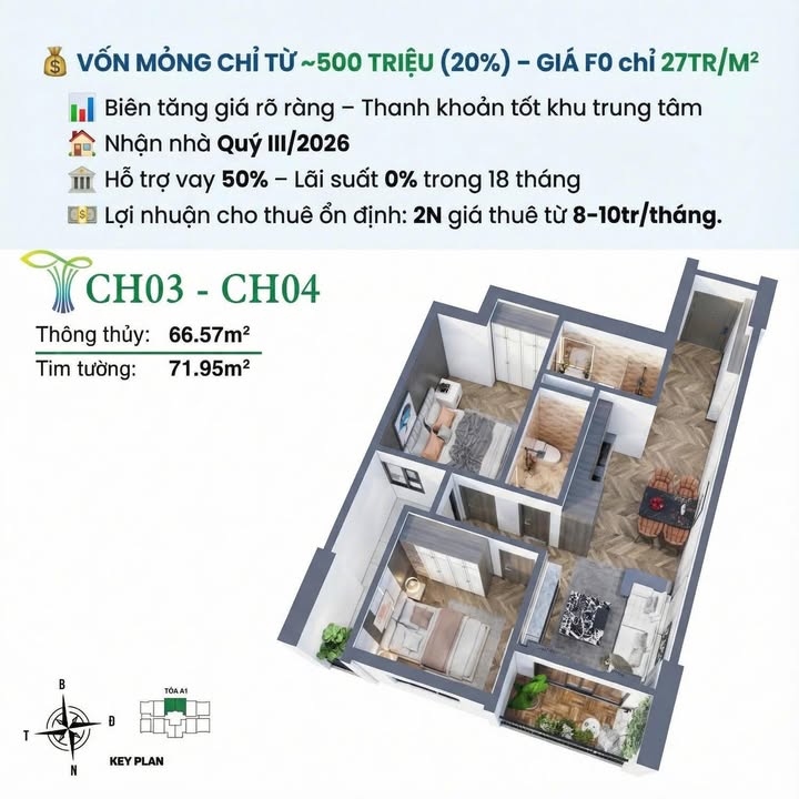 Căn hộ 2PN Tecco Elite City Thái Nguyên 67m² chỉ 1.72 tỷ - Đầu tư sinh lời hiếm có!