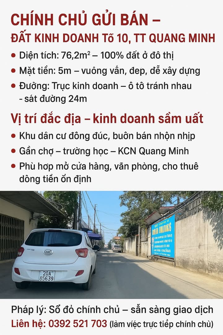 Đất kinh doanh Quang Minh, Mê Linh 76.2m² - Vị trí đắc địa, sẵn sàng đầu tư!