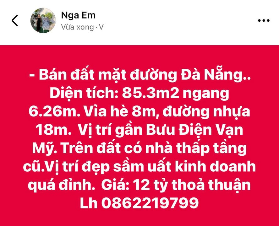 Bán đất mặt đường Đà Nẵng 85.3m² giá 12 tỷ - Vị trí kinh doanh đắc địa!