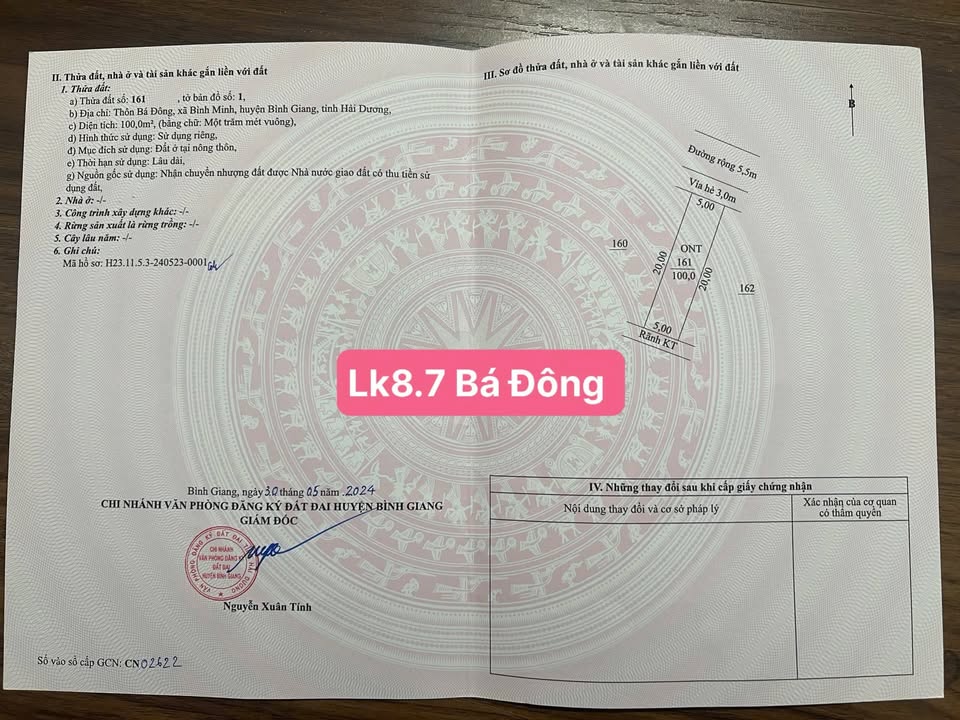 Đất nền Bình Giang 100m² giá 1 tỷ - Đầu tư sinh lời hấp dẫn!