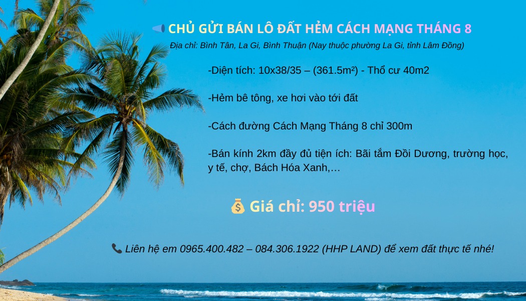 Bán đất thổ cư phường Bình Tân, La Gi 361m² giá 950 triệu - Đầu tư lý tưởng!