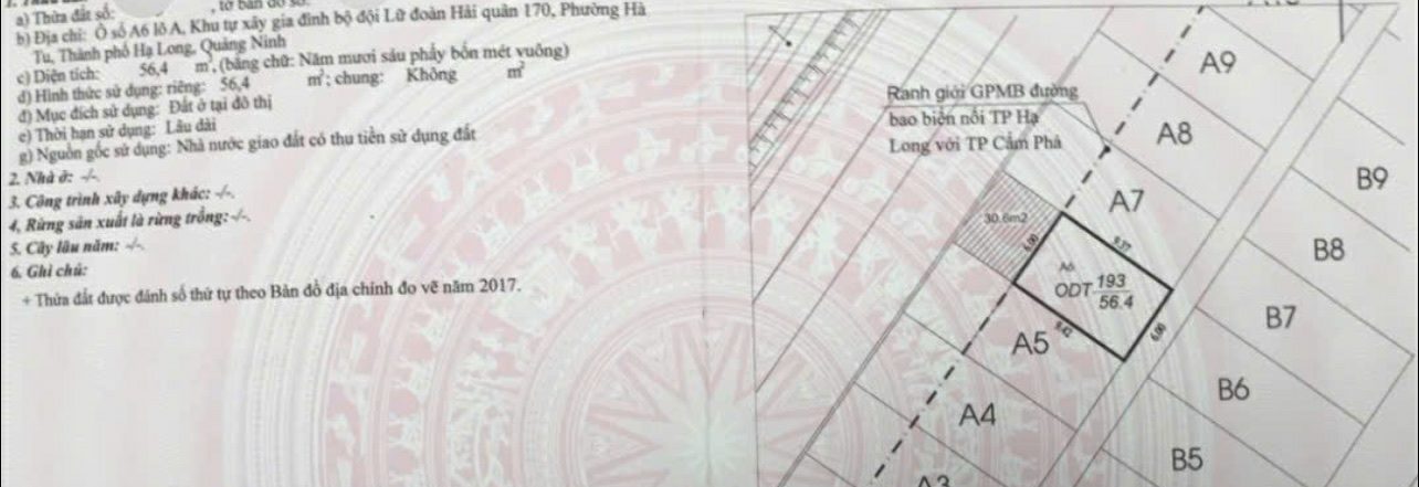 Đất nền khu dự án Lữ Đoàn Hải Quân 170, Hạ Long 56.4m² - Chính chủ bán gấp!