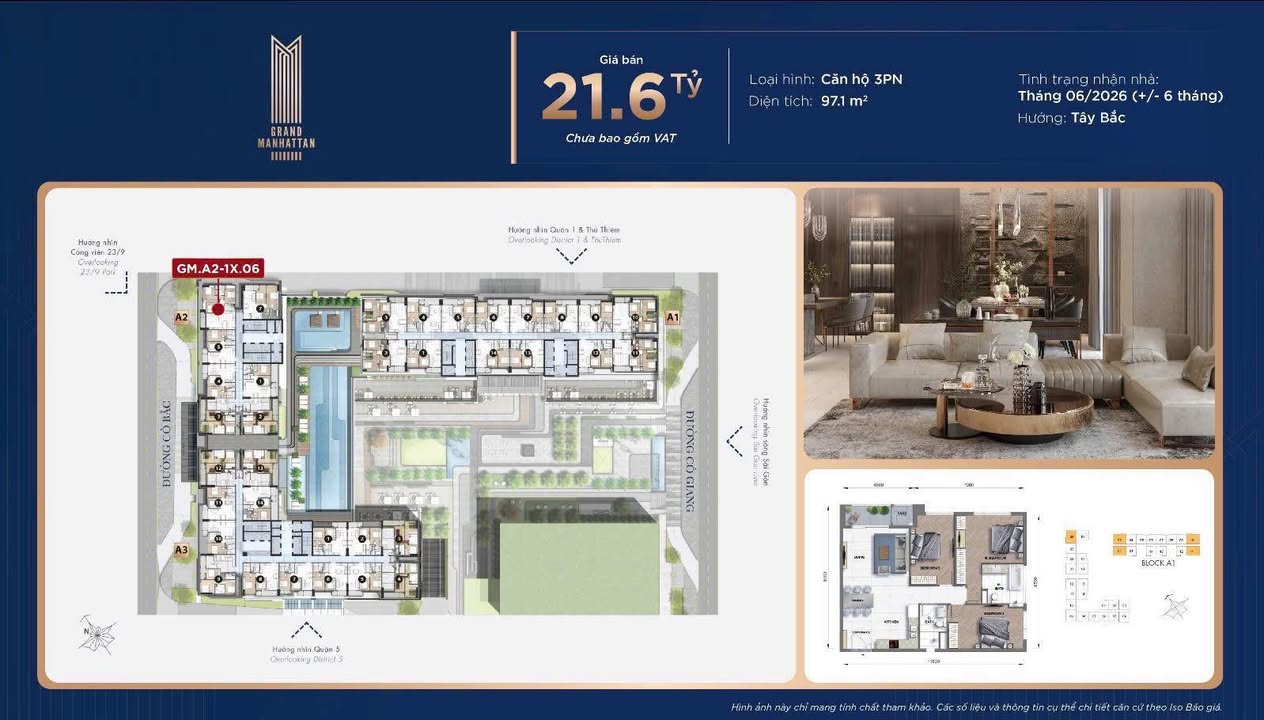 Căn hộ 3PN The Grand Manhattan 97.1m² giá 21.6 tỷ - Sở hữu ngay tại trung tâm Quận 1!