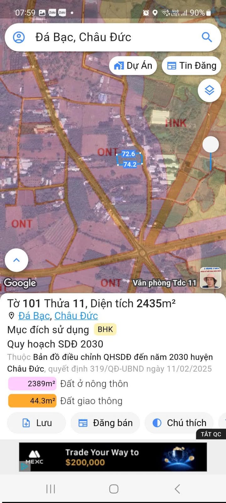 Đất thổ cư 2.435m² xã Đá Bạc, Châu Đức - Giá chỉ 3.3 tỷ, cơ hội đầu tư tuyệt vời!