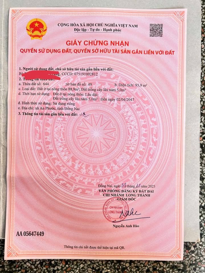 Đất thổ cư An Phước Long Thành 93m² giá 1.1 tỷ - Sổ đỏ chính chủ