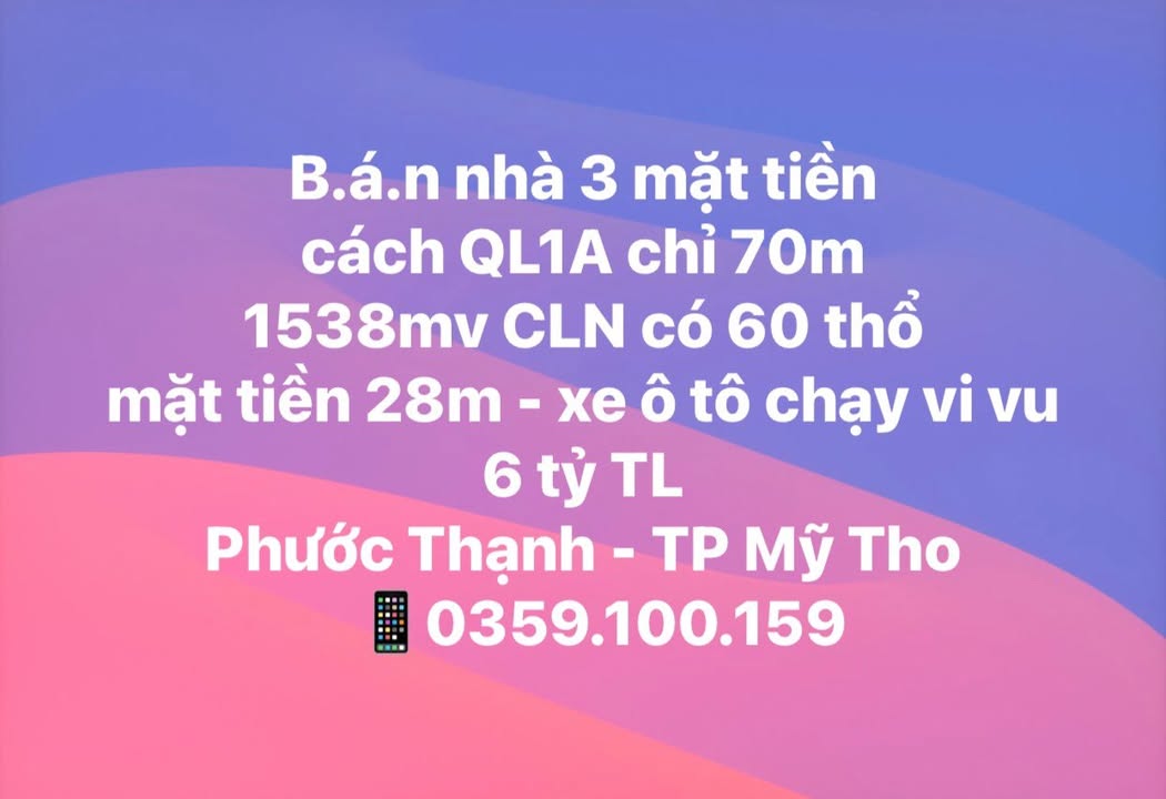 Đất thổ cư 60m² 3 mặt tiền gần QL1A - Mỹ Tho 1538m² chỉ 6 tỷ TL