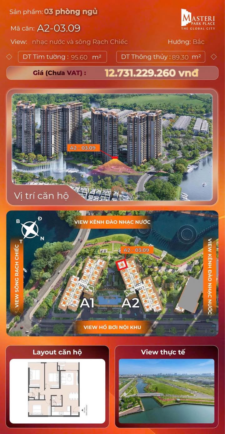 Căn hộ 3PN Masteri Park Place Thủ Đức 89.3m² giá 12.731 tỷ - View nhạc nước tuyệt đẹp!