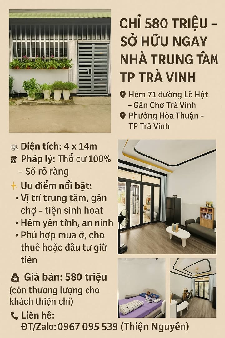 Nhà phố trung tâm Trà Vinh 56m² giá 580 triệu - Tiện ích đầy đủ, an ninh tốt!