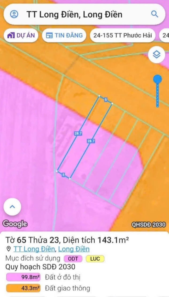 Đất thổ cư Long Điền 145m² giá 1.62 tỷ - Mặt tiền đường nhựa thuận lợi!