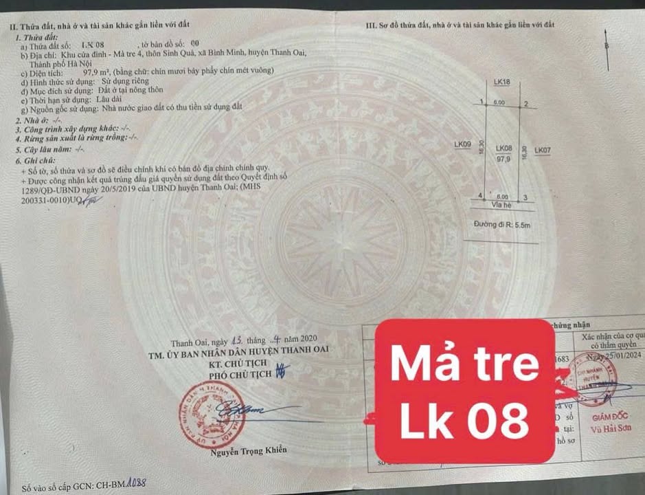 Đất nền Bình Minh, Thanh Oai 97.9m² giá 8 tỷ - Đầu tư sinh lời cao!