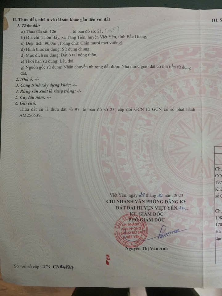 Bán đất thổ cư 90m² xã Tăng Tiến, Việt Yên - Sổ đỏ chính chủ, giá 3.2 tỷ VND!