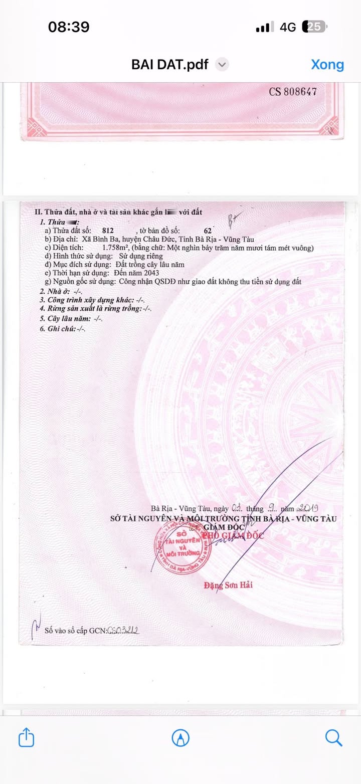 Lô đất Xã Bình Ba, Châu Đức 1758m² giá 1.9 tỷ - Cơ hội đầu tư hấp dẫn!