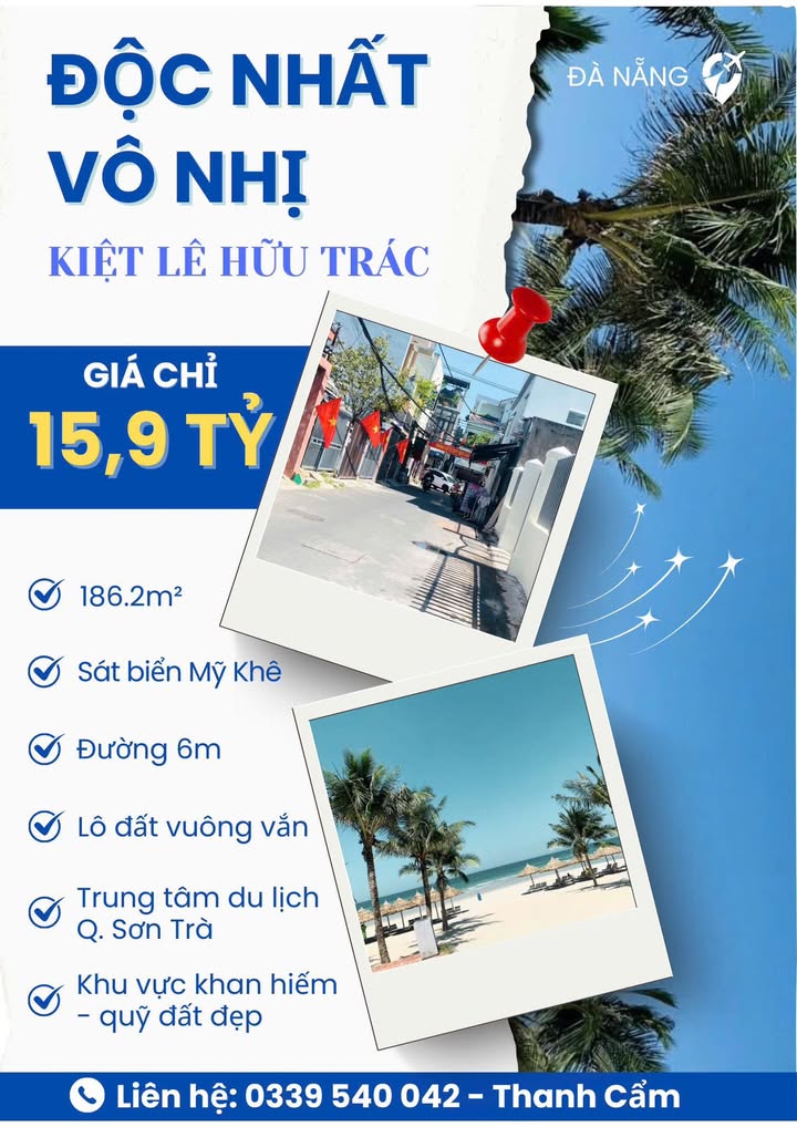 Đất biển Mỹ Khê Đà Nẵng 186m² giá 15.9 tỷ - Vị trí đắc địa gần biển!