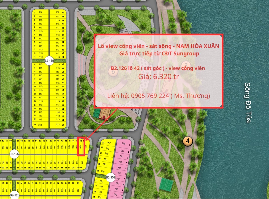 Lô đất Nam Hòa Xuân 100m² giá 6.32 tỷ - View công viên Đầm Sen lý tưởng!