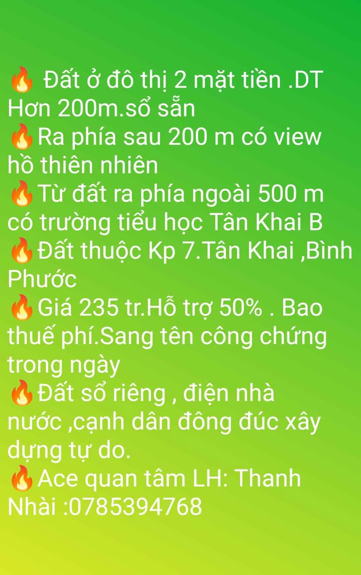 Đất ở đô thị Tân Khai 200m² giá 235 triệu - Sổ đỏ chính chủ, view hồ tuyệt đẹp!