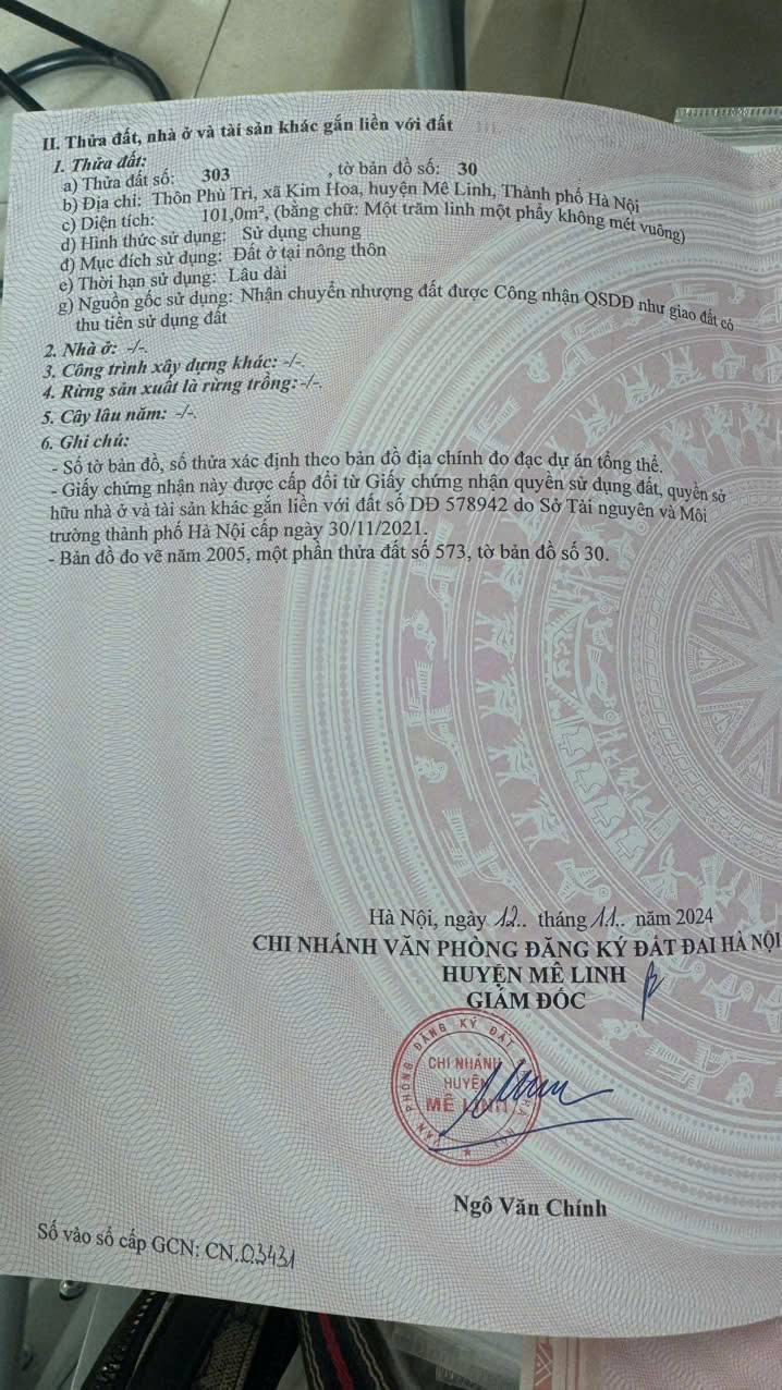 Đất thổ cư 101m² tại Quang Minh, Mê Linh - Cơ hội đầu tư vàng chỉ 3 tỷ!