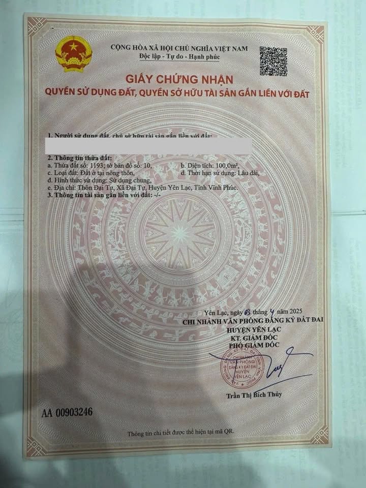 Đất nền đẹp tại Yên Lạc, Vĩnh Phúc 100m² - Mặt tiền 5m, giá thỏa thuận!