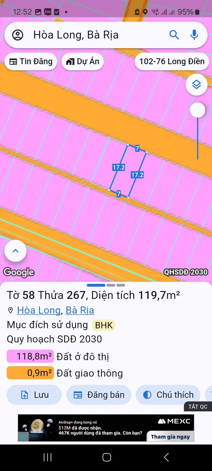 Đất nền Hương lộ 2, Hoà Long, Bà Rịa - 119.7m² chỉ 1.95 tỷ - Sổ đỏ chính chủ!