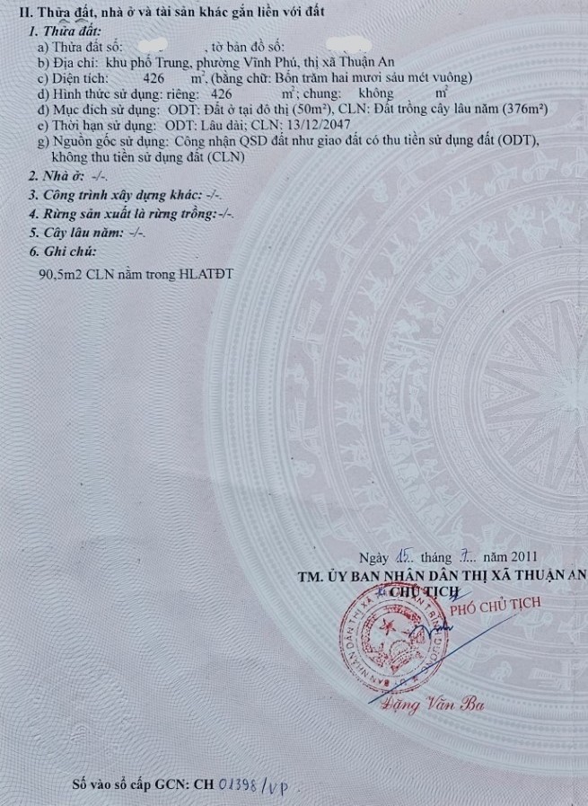 Đất thổ cư Vĩnh Phú, Thuận An 426m² giá 5.2 tỷ - Hạ giá, thương lượng ngay!