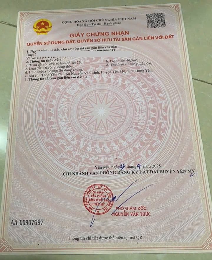 Đất nền lô góc Yên Phú, Yên Mỹ 46.5m² giá 1 tỷ - Cơ hội đầu tư sinh lời!